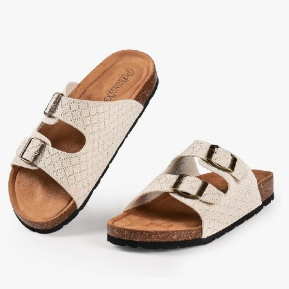 🆕 Cream Knit Double Buckle Cork Sandals Women's 9